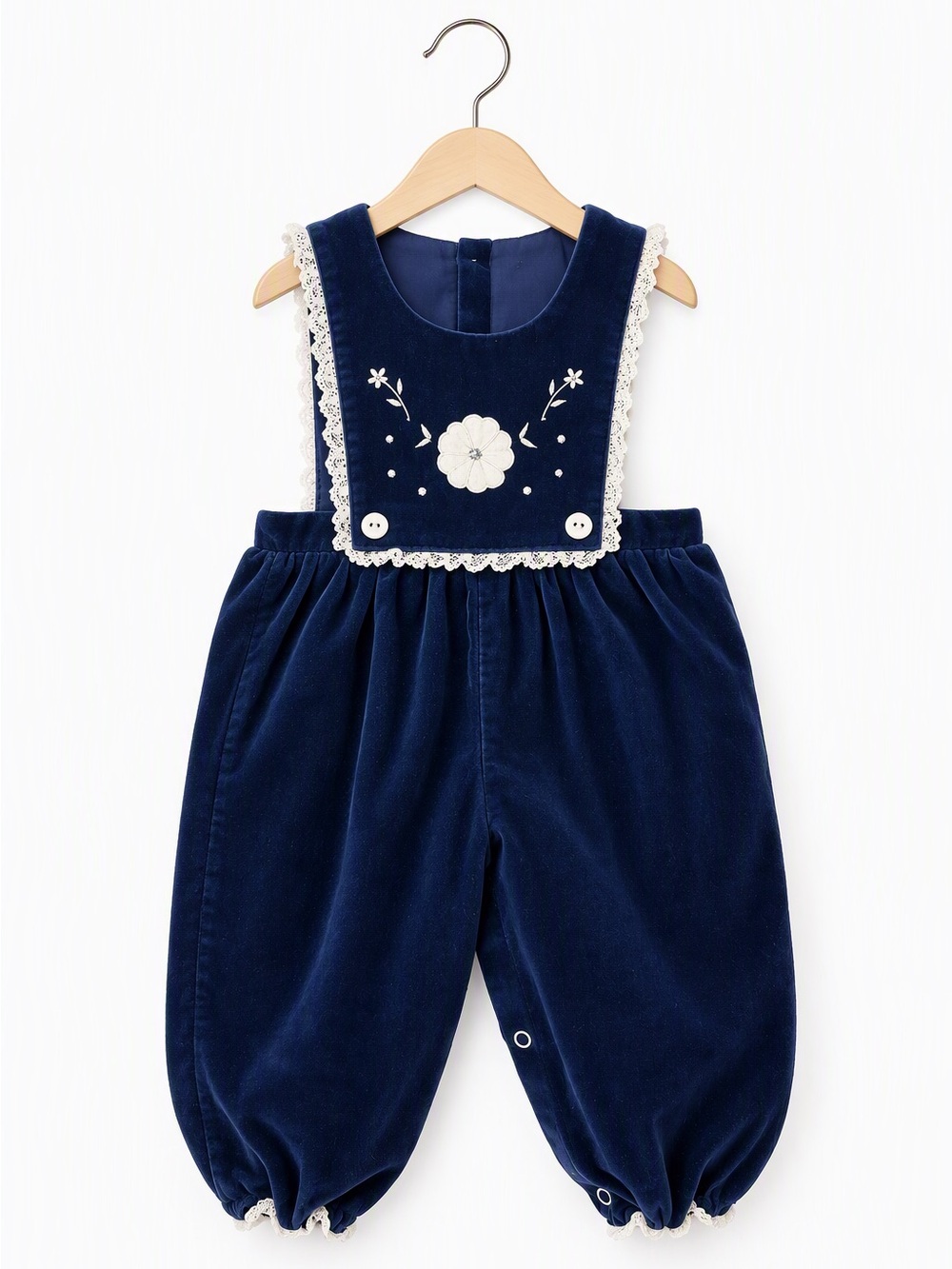 Vintage 90s Sears Canada Navy Velvet White Lace Floral Bubble Romper Jumpsuit 18